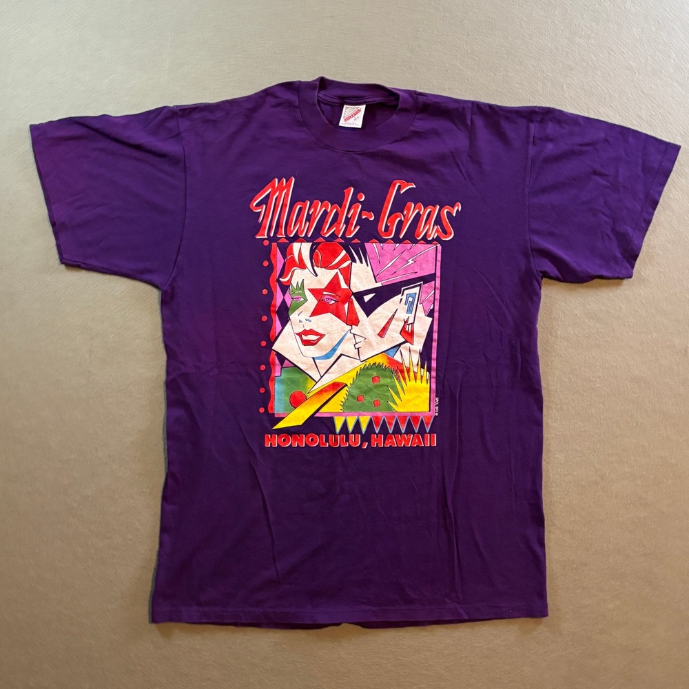 VTG Jerzees Mardi Gras Honolulu Hawaii T Shirt Mens L Purple Graphic 90s
